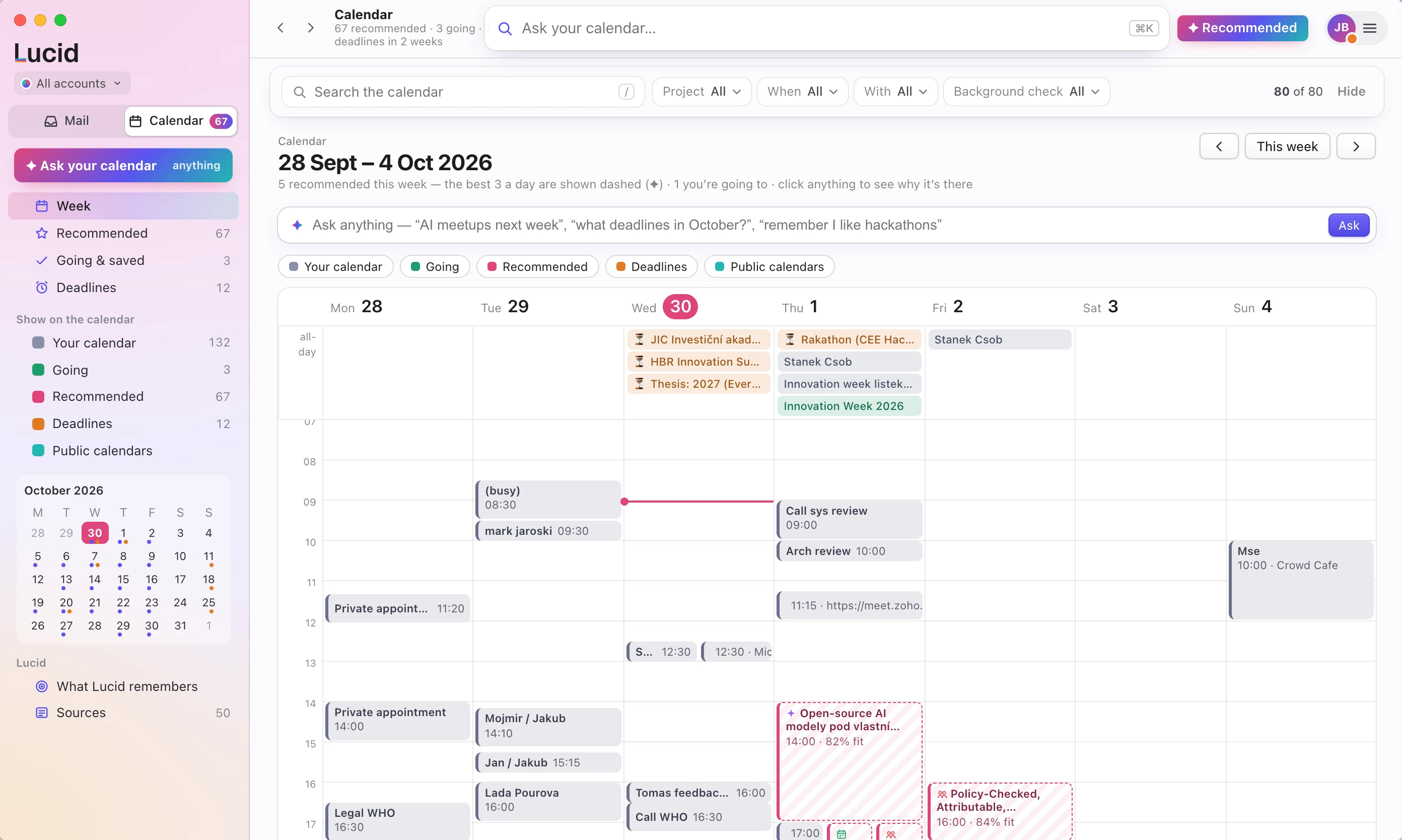 Lucid Calendar on the Mac: a week view with your own events, recommended events shown dashed, deadlines and public calendars