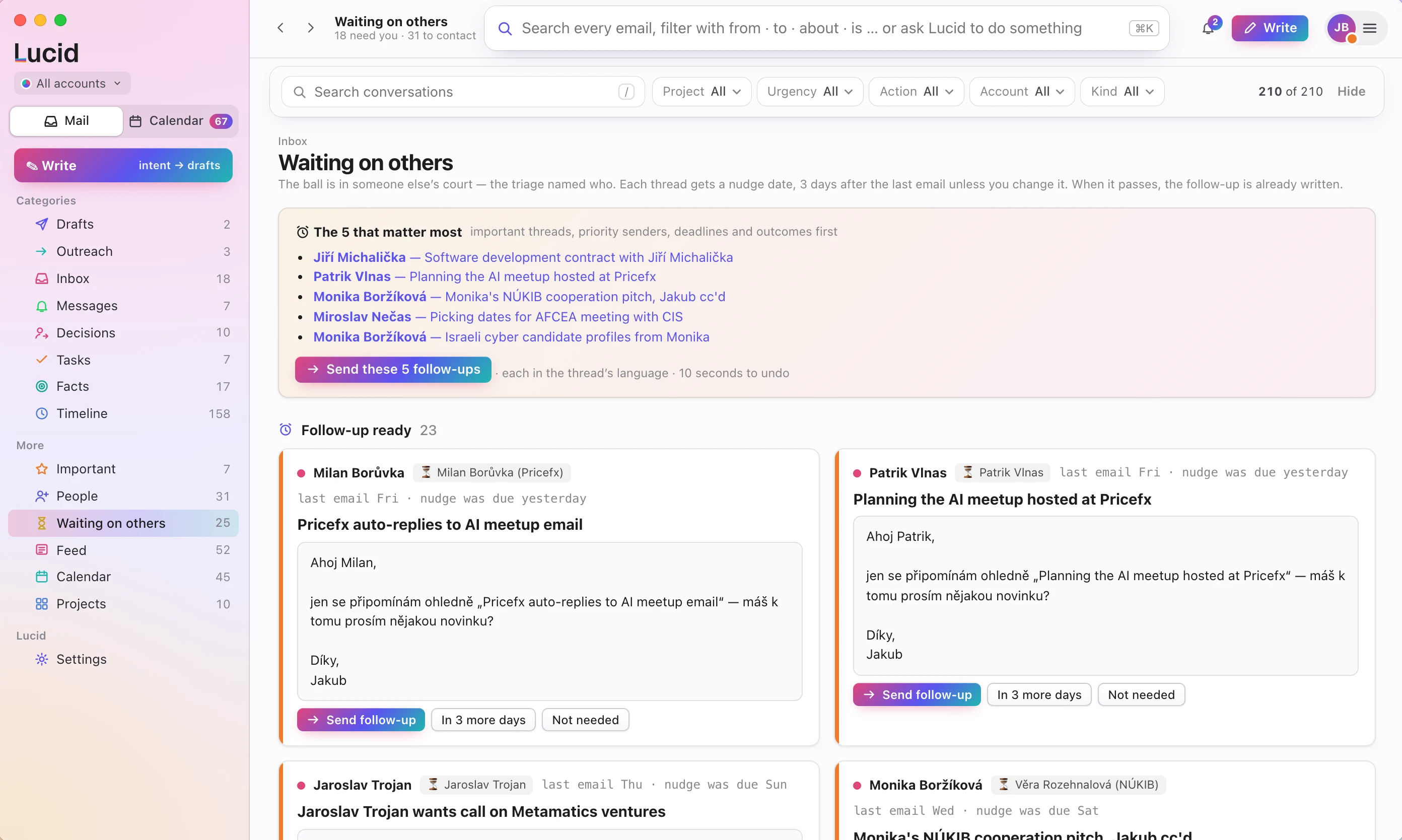 The Waiting on others screen: the five threads that matter most and follow-ups ready to send