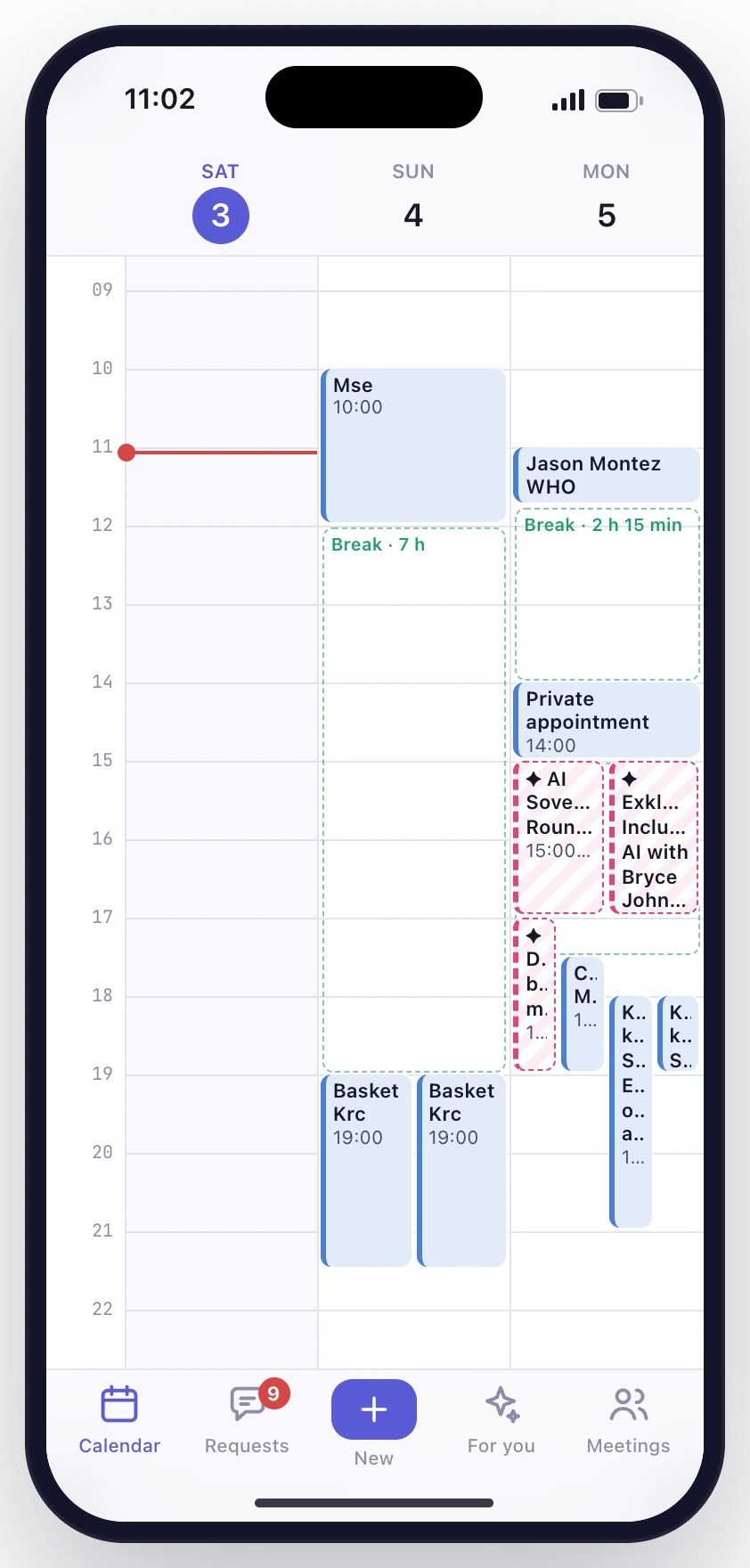 Calendar in the three-day view: events as blocks on an hourly grid, with the breaks between them marked
